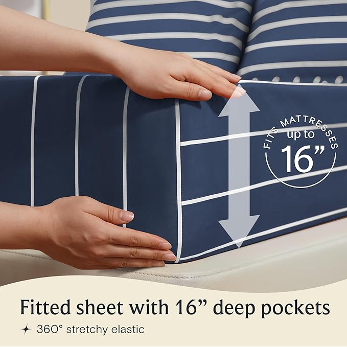 LuxClub 4 PC Full Sheet Set, Deep Pockets Wrinkle Free Cooling Bed Sheets Hotel Bedding for Women, Men, Includes 1 Fitted Sheet, 1 Flat Sheet and 2 Pillowcases-Striped - Navy