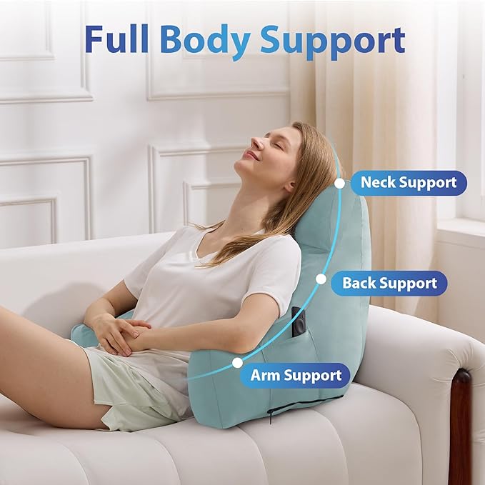 IPYNBAP Reading Pillow with Arms For Adult, Back Pillow for Bed Sitting Up, Shredded Memory Foam Backrest Pillow with Pockets & Removable Washable Cover, Lounging, Watching TV, Reading(20in Lake Blue)