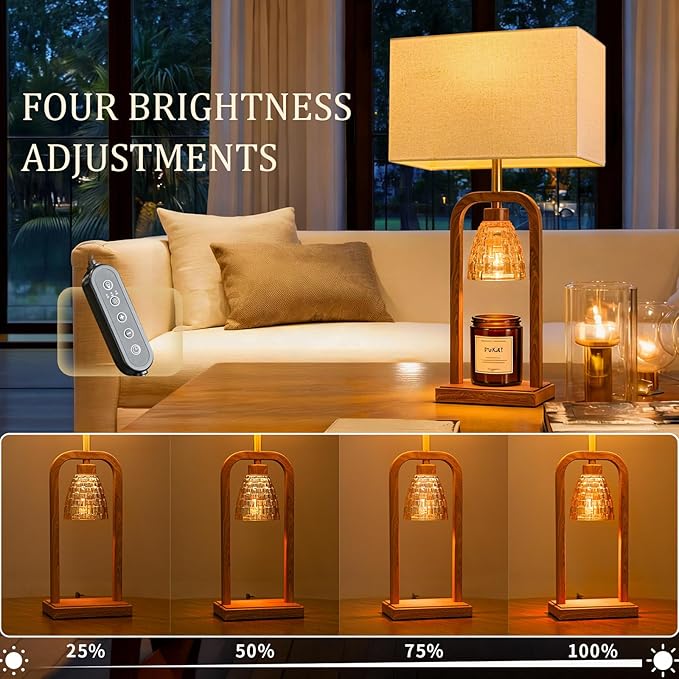 PoKat Farmhouse Table Lamps with Candle Warmer & Timer for Bedroom, Wood-Like Bedside Lamps Set of 2 for Night Stands, 21.5'' Bedroom Lamps Decor for Living Room, Corded Eletric, No Battery