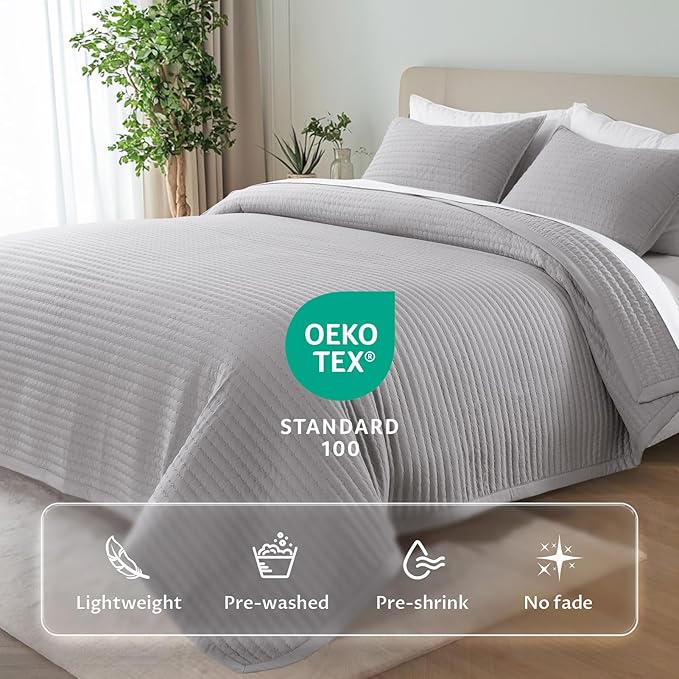 KASENTEX Queen Quilt Set 90"x90" – Soft Washed 3-Layer Lightweight Bedspread, Minimalist Nordic Design, All-Season Spring & Summer Quilt Set (1 Quilt + 2 Pillow Shams), Gull