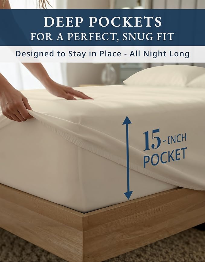 LANE LINEN 100% Cotton California King Sheet Sets - 1000 Thread Count, Soft & Comfy Luxury Hotel Like Thick Fully Elasticized Mercerized Cotton Cal King Set, No Pill Fade Resistant Bedding - Ivory