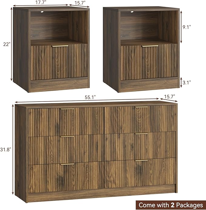 6 Drawer Dresser & Nightstand Set 3-Piece, 55” Wide Bedroom Set Night Stand Set of 2 with Metal Handle, Fluted Modern Wood Chest of Drawers Storage Dressers Set for Bedroom, Walnut
