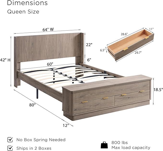 T4TREAM Fluted Queen Size Bed Frame with Wingback Headboard, Footboard Storage Bench with Built-in Drawers & Lift-Up Compartments, Wood & Steel Platform Bed, No Box Spring Needed, Grey Alder
