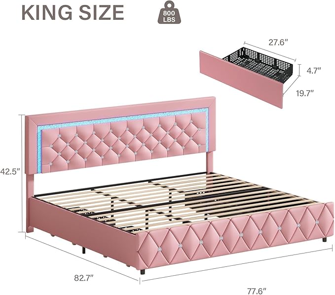 Pink King Size Bed Frame with LED Lights, Upholstered Platform Bed with Diamond Tufted Headboard, Princess Bed Frame with Storage Drawers, Wooden Slats Support, No Box Spring Needed, Easy Assembly