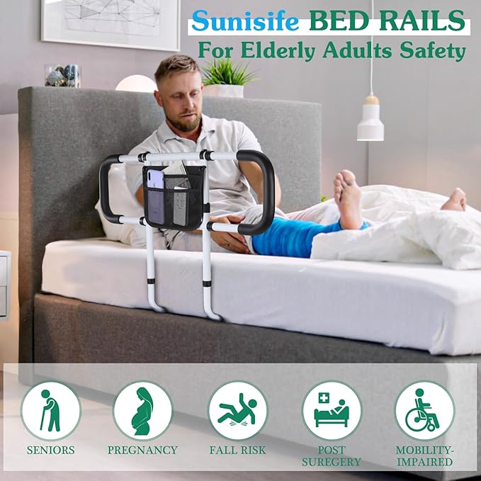 Bed Rails for Elderly Adults Safety - Extended Bed Assist Rail for Seniors - Adjustable Beds Side Rails Handle Support Bar Bed Guard with Storage Bag & Fixing Strap, Fit King Queen Full Twin Beds