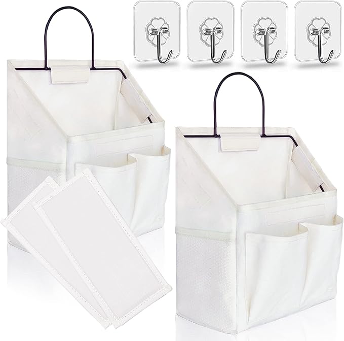 Kanrichu 2pcs Small Wall Hanging Organizer Bag, Linen Fabric Door Hanging Storage Basket with Pockets, Waterproof Bin for Kitchen, Bedroom, Office, RV Camper (White)