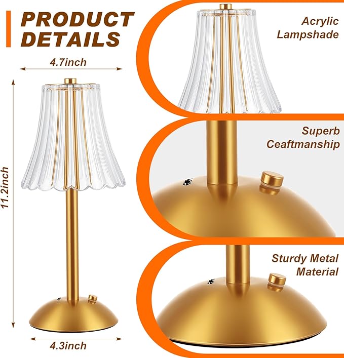 Liliful 6 Pcs Cordless Table Lamp Rechargeable Touch LED Small Gold Portable Battery Operated USB-c Desk Lamp 3 Color Dimmable for Bedroom Living Room Dining (Gold,Rose Style)