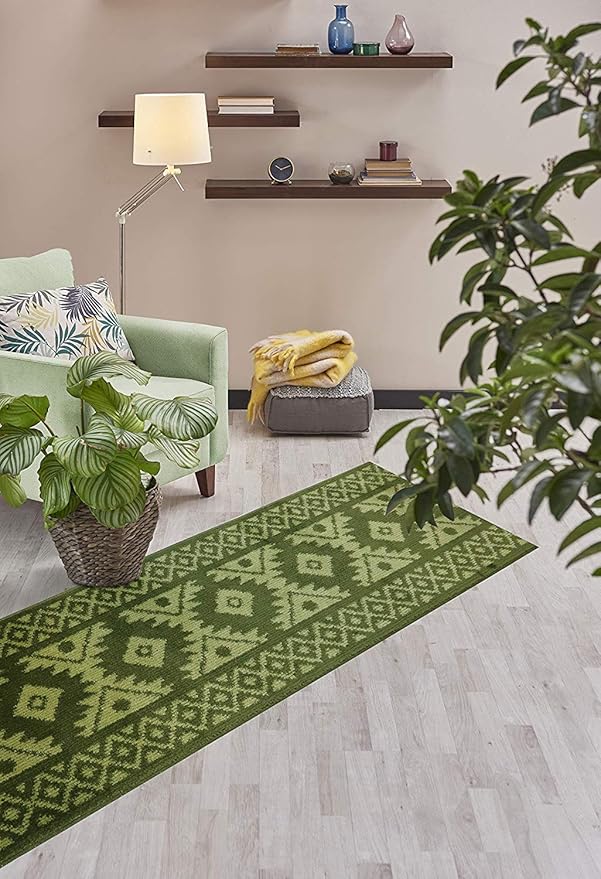 Custom Length Hallway Runner Rug,Slip Resistant,Southwestern Green, 26 Inch X 20 feet, Sold and Priced Per Foot