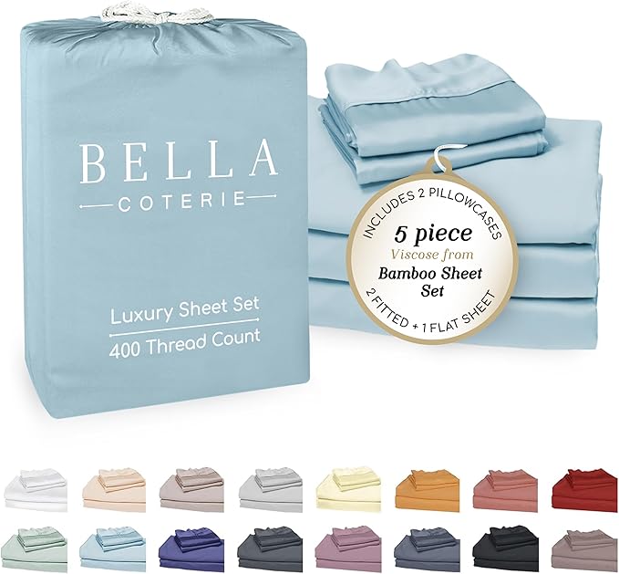 Bella Coterie Luxury Bamboo Viscose Split King Size Sheet Set | 2 Fitted Sheets for Sleep Number & Adjustable Beds | 100% Organically Grown | Cooling & Ultra Soft | 18” Deep Pocket [Coastal Blue]