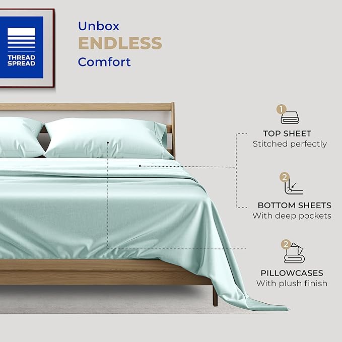 THREAD SPREAD 100% Cotton Sheets - 400 Thread Count 5 Piece Hotel Quality Sheet for Adjustable Bed, Soft, Cooling 16" Deep Pocket Split King Bed Sheet (Sea Foam)