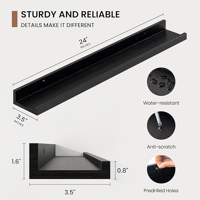 Picture Ledge Shelf, Floating Shelves Set of 2, 24 Inches Solid Wood Nursery Book Shelves for Toys Storage, Kids Bookshelf Wall Mounted for Living Room Bedroom Decor Books Photo Frames, Black