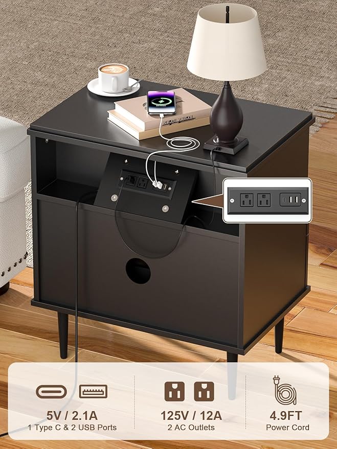Modern Nightstand with Charging Station, 2-Drawer Fluted Wood Bedside Table with USB, Type-C & AC outlets, Open Storage. Perfect for Your Bedroom (Black, 23.3")