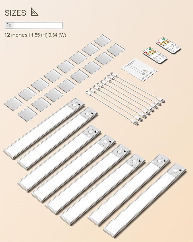Under Cabinet Lighting with Remote Control,2500mAh USB Rechargeable Motion Sensor Light Indoor,350 Lumen LED Closet Light,3 Color Temps Wireless Under Counter Lights for Kitchen,Cabinet,Bedroom,8 Pack