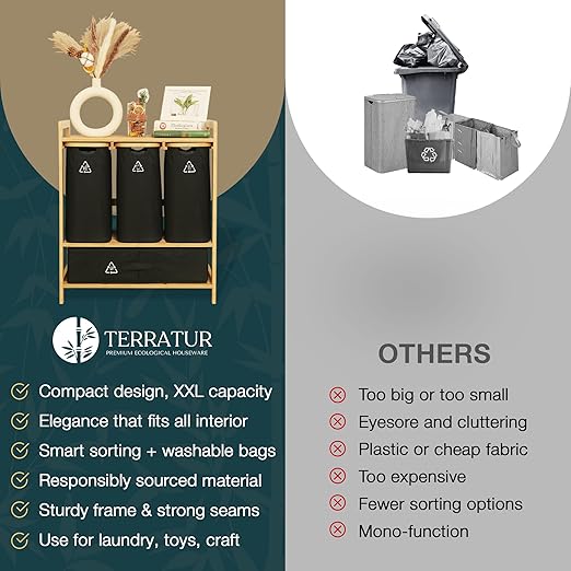 Terratur 4 Section Recycling Bin for Kitchen – Dual Trash and Recycle Bins for Paper, Plastic, Cans – Indoor Bamboo Recycling Organizer – Decorative Wooden Recycle Bins for Kitchen & Office