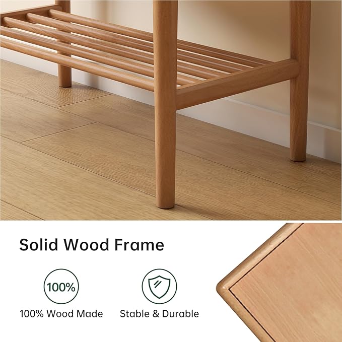 Solid Wood Shoe Bench, Shoe Rack Bench Assembled with Gray Cushion for Entryway, Hallway, Bedroom, Living Room, 11.8" x 23.6" x 16.5", Beech Wood, Natural