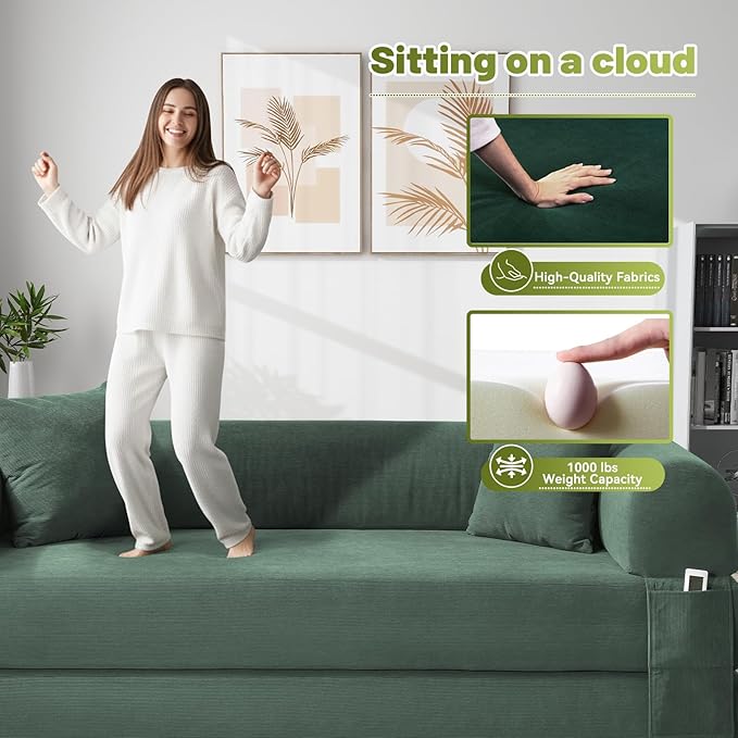 80" Convertible Sofa Bed,Corduroy Folding Sleeper Sofa Bed Queen with Pillows & Storage,Modular Pull Out Couches Boneless Couch for Living Room,Compressed Couch in a Box,Light Green