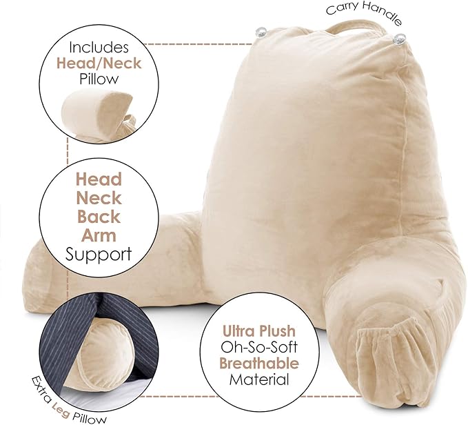 Nestl Reading Pillow with Shredded Memory Foam Includes 2 Neck and Lumber Support Pillows, Designed for Sitting Up in Bed and Couch, Back and Arms Adjustable Support for Adult & Teens, Beige Cream