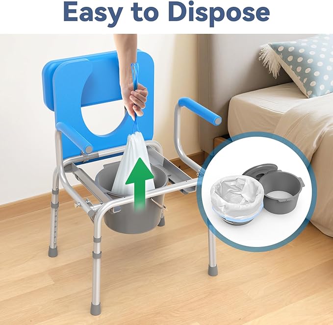 Drop Arm Bedside Commode with Linners, Commode with Padded Seat and Backrest, 500lbs Capacity, 5.81QT Removable Bucket, Adjustable Height Portable Toilet for Adults, Blue
