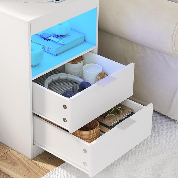 Tiptiper LED Nightstand with Wireless Charging Station, Bedside Table with LED Lights, End Table with 2 Drawers, 1 Pull-Out Tray and Open Storage, Modern Night Stand with USB Ports and Outlets, White
