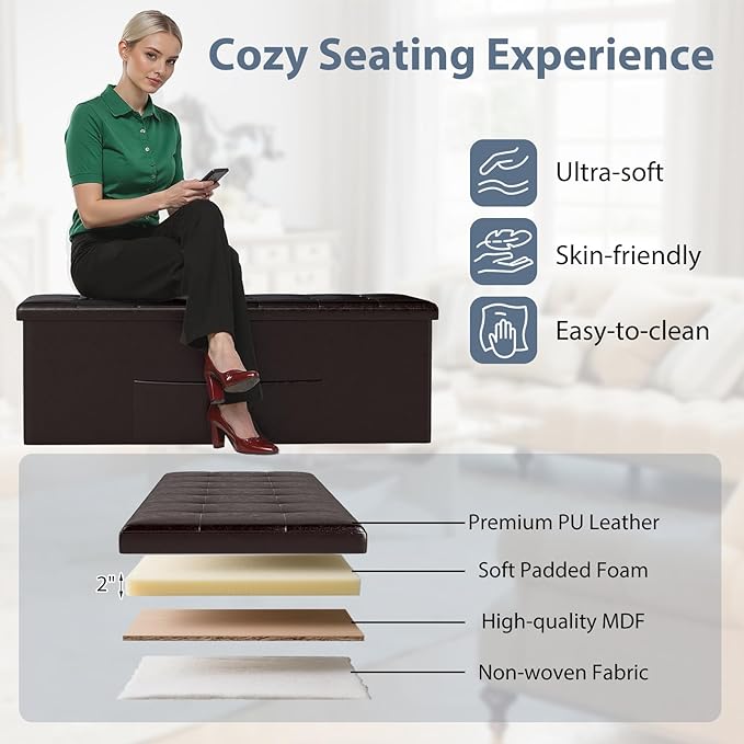 Giantex 43 Inches Folding Storage Ottoman Bench, Upholstered PU Leather Storage Chest with Side Pocket, Padded Seat, End of Bed Bench, Collapsible Ottoman Foot Rest for Living Room, Bedroom & Entryway