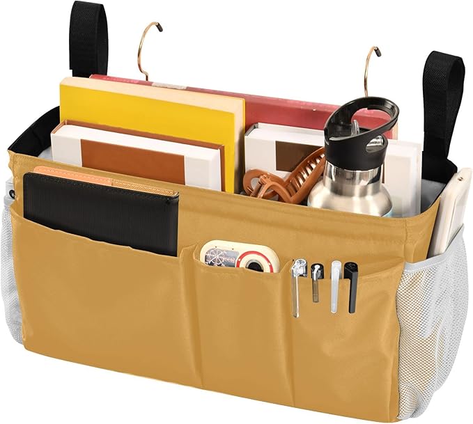 KOPIRIT Mustard Yellow Bedside Caddy Storage Bag Bedside Organizer for Bunk Bed Headboards College Hanging Bag Bedside Shelf 6 Pockets with Hooks for Magazine Water Bottle Holder