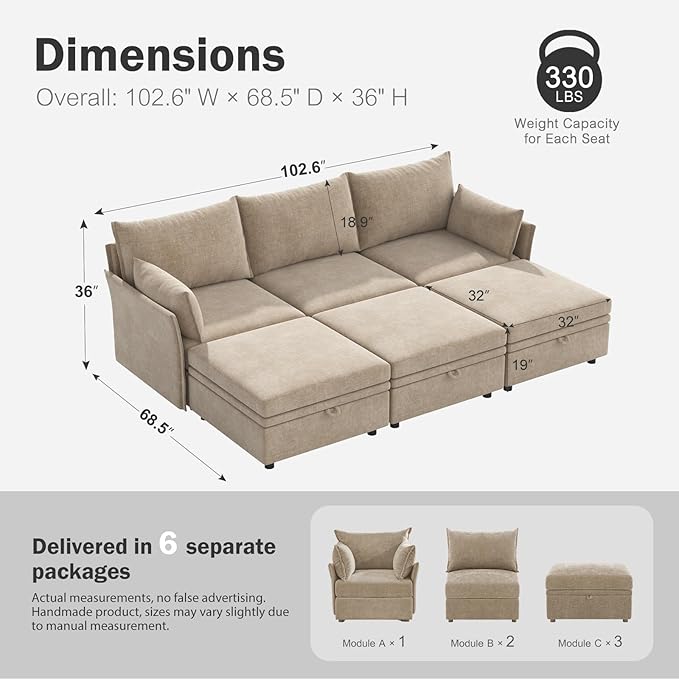 ABCASA 102.6" Luxury Modular Sleeper Sofa Bed 6 Seat Reversible Sectional Couch Deep Seat with Storage Chaises Removable Cover for Living Room, Apartment - Chenille Beige