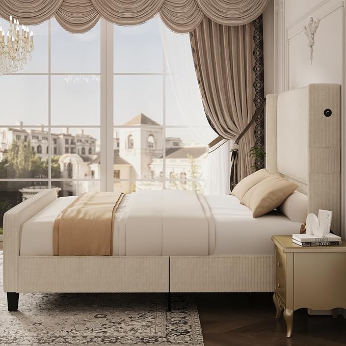 Queen Size Bed Frame with Headboard, Upholstered Platform Bed with Tall Wingback Headboard & Footboard, Corduroy Bed Frames with USB Ports, Easy Assembly, Beige