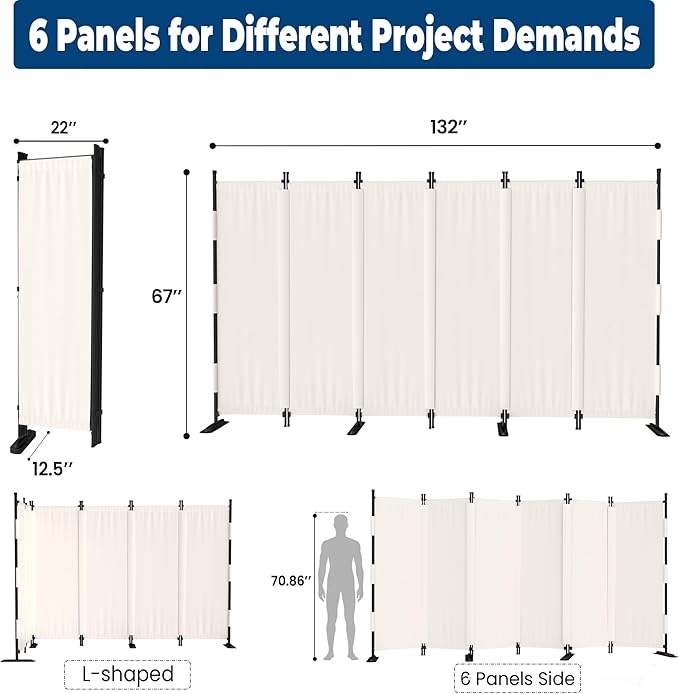 Room Divider, 6 Panel Upgraded Folding Privacy Screen, 132” Highly Secretive Separation with 4 Metal Feet, Partition Screen, Lightweight Freestanding Wall Divider Bedroom (White)