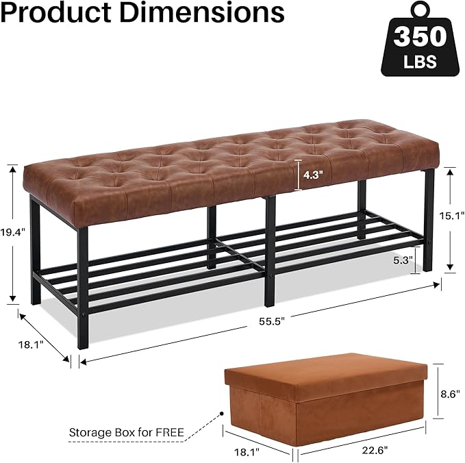 55.5" End of Bed Bench, Modern Leather Button Tufted Bedroom Bench, Upholstered Storage Shoe Bench with Metal Base, Dinning Table Bench for Living Room, Bedroom, Entryway,Brown