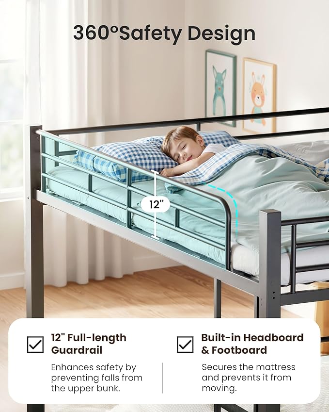 Queen Over Queen Bunk Bed for Adults & Teens, Heavy Duty Metal Bunk Bed with EVA Anti-Slip Ladder & Full-Length Guardrails, Noise-Free Queen Bunk Bed Frame with Under-Bed Storage, Black