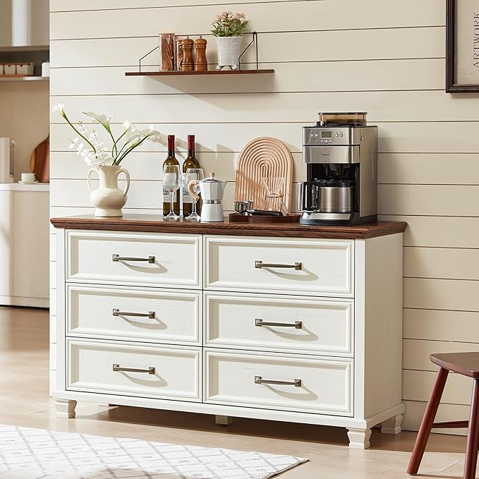 Farmhouse White 6 Drawer Dresser for Bedroom, 54 inch Wide Vintage Large Chest of Drawers with Square Wood Legs, Rustic TV Console for Living Room, Wooden Storage Closet Dressers for Home