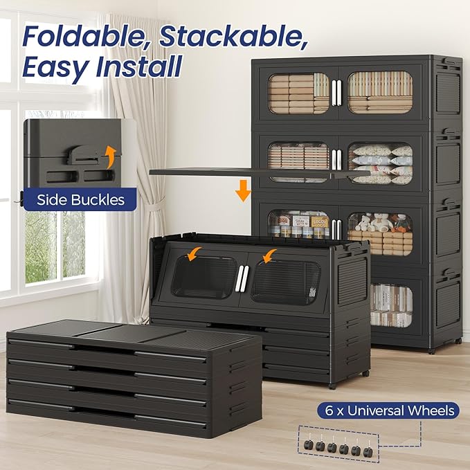 250GAL Extra Large Storage Bins with Lid, 1000QT Storage Bins with Wheels, Folding Closet Organizer, Stackable Collapsible Plastic Storage Containers for Home, Office, Kitchen, 5Pack Black