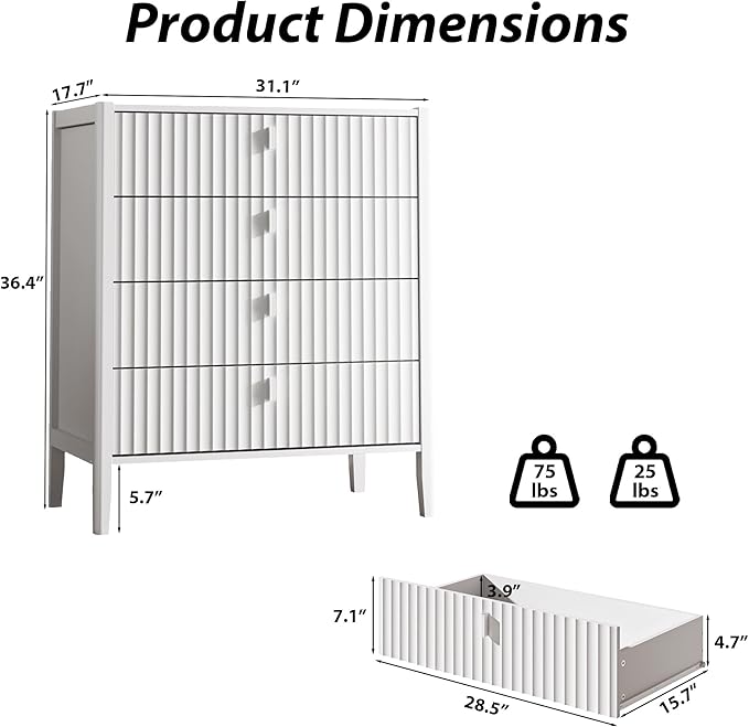 White 4 Drawer Dresser, Modern Chest of Drawers for Bedroom, Wood Fluted Dresser Organizer with Deep Drawers for Clothes, Nightstand for Bedroom, Hallway, Living Room, Entryway