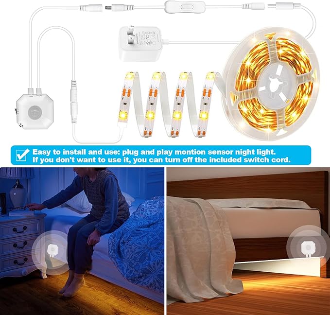 Motion Sensor LED Light Strip, 9.8 Feet Flexible Warm White Motion Activated Led Strip Lights with Adjustable Timer & UL Power Supply for Under Cabinet, Stairs, Bed Lighting Decoration.