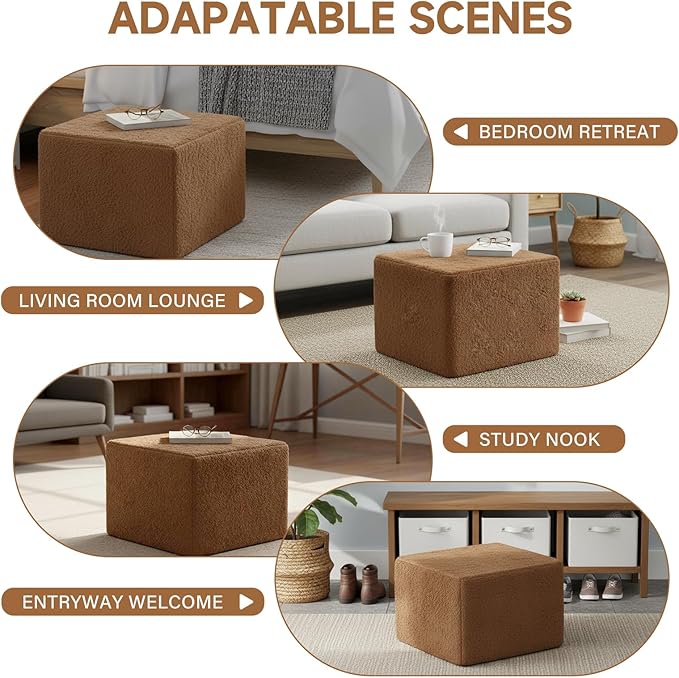 Tiita Pouf Ottoman and Foot Rest, Square Foam Stuffed Floor Pouf with Storag for Living Room, Brown