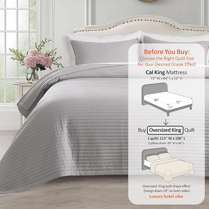 Oversized King Quilt Set 112"x106" – Soft Washed 3-Layer Lightweight California King Bedspread, Minimalist Nordic Design, All-Season Spring & Summer Quilt Set (1 Quilt + 2 Pillow Shams), Gull
