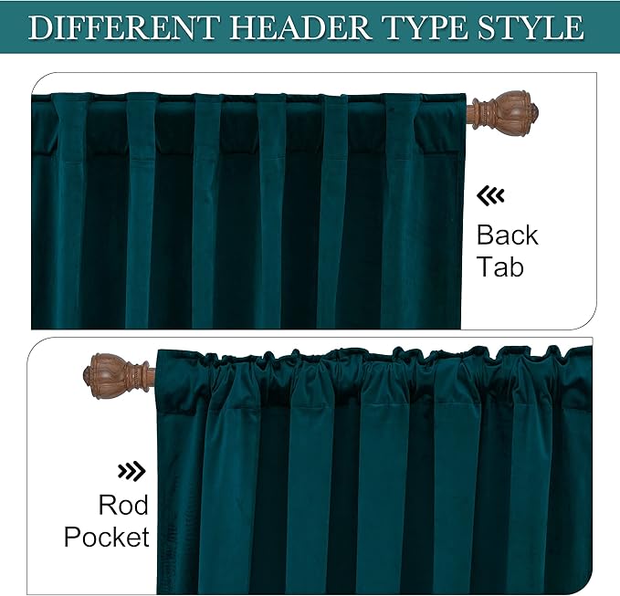 RYB Home Velvet Curtains 108 inches 2 Panels Set - Super Soft Durable Window Drapes Room Darkening Energy Smart Back Tap for Apartment Villa Room Backdrops, Peacock Blue, W52 x L108 inches, 2 Panels