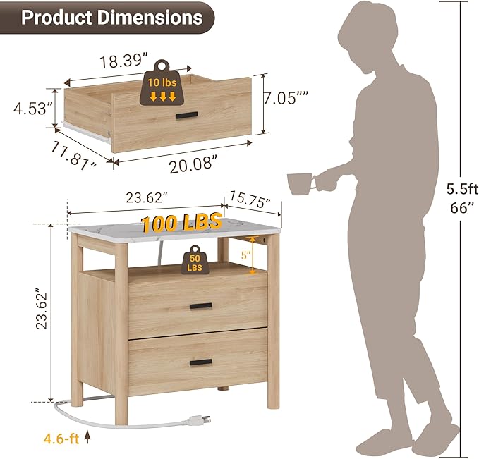 FavourLife Night Stand Set 2, 23" Nightstands Set of 2, Modern Nightstand with Charging Station & Faux Marble Top, 2 Drawer End Table with Solid Round Post Legs, Bedside Table for Bedroom, Natural Oak