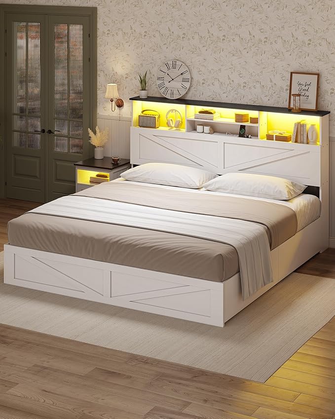AOGLLATI Farmhouse King Bed Frame Bed Frame with 4 Storage Drawers and Led Lights, Wooden King Bed with Hidden Space Bookcase Headboard and Led Lights, White