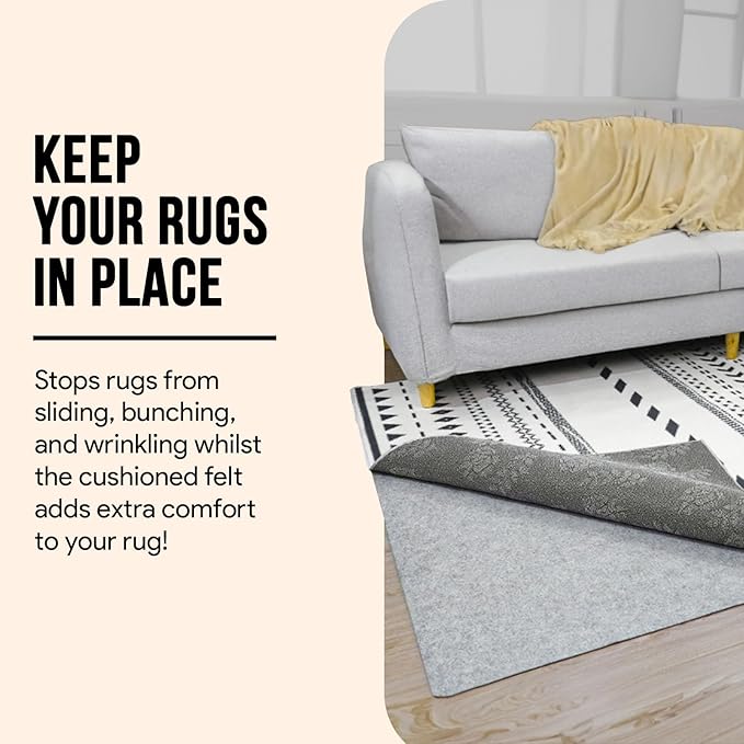 Non Slip Rug Pad 8x10 Feet, 4/25" Thick Felt Cushioned Rubber Rug Gripper Pad for Hardwood, Laminate, Stone, Tile, Wood, Vinyl Floors & Carpet, Anti Skid Under Area Rug Pads