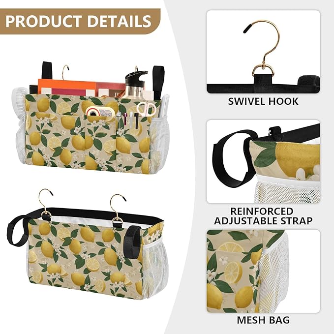 Bedside Caddy Hanging Bunk Bed Caddy Bed Organizer Hanging Pocket with 2 Hooks Bedside Storage Organizer Pocket Bag Holder Beige Lemons and Flowers