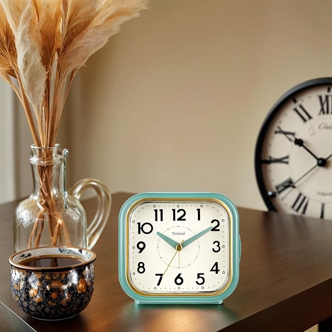4.3" Retro Analog Alarm Clock • Silent Non Ticking • Gentle Wake • Beep Sounds • Increasing Volume • Battery Operated Snooze and Lighted on Demand • Retro Green