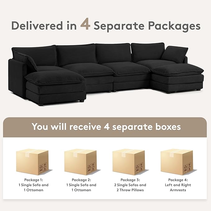 ROWHY 148'' Sectional Cloud Couch with 2 Ottomans, Oversized 4 Seat Sleeper Sofa with 2 Throw Pillows, Convertible Upholstered U Shaped Cozy Sofa Furniture Set for Living Room and Office, Black