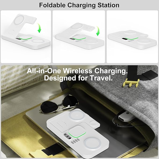 Dual Phone Magnetic Wireless Charging Station for Apple Devices/Apple Ecosystem,with Auto-Switch 7-Color Light & Clock, Compatible with iPhone 17/16/15, for iWatch 11/10/9 & AirPods Pro3（White