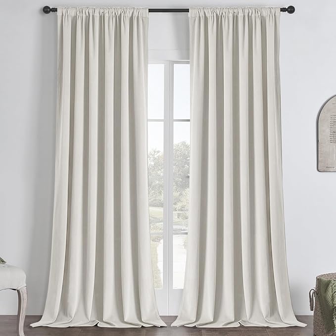 Joydeco White 100% Blackout Curtains 102 Inch 2 Panels, Luxury Thermal White Velvet Curtains for Bedroom Living Room, Soundproof Blackout Window Drapes, Rod Pocket & Back Tab (52W x 102L)