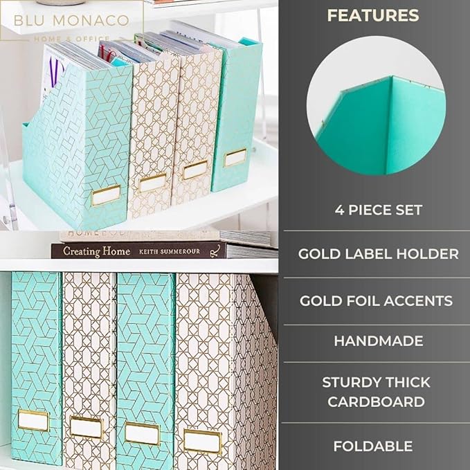 BLU MONACO | Set of 4 Foldable Pink & Aqua Magazine File Holders with Gold Geometric Patterns | Vertical File Organizer Boxes with Gold Label Holders for Home & Office