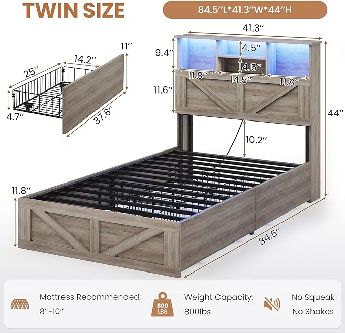 VIAGDO Farmhouse Bed Frame Twin Size with Bookcase Storage Headboard, Charging Station and LED Lights, Wooden Twin Bed Frames with 4 Drawers, Barn Door Design, No Box Spring Needed, No Noise, Grey