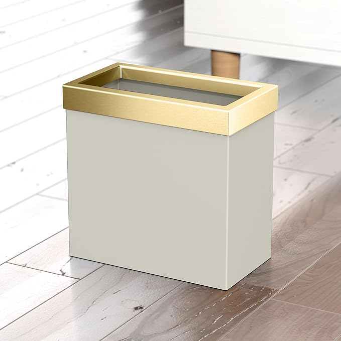 Gatco Modern Rectangle Wastebasket, Matte Pearl and Brushed Brass Combo - Stainless Steel Trash Can with Removable Lid, Leakproof, 3 Gallon Capacity for Bathroom, Bedroom, Kitchen, or Office