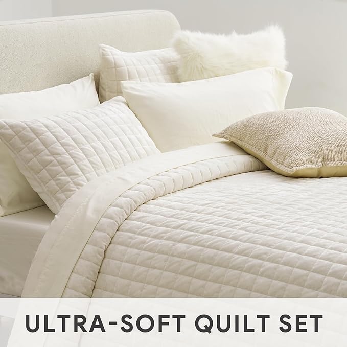RECYCO Luxury Velvet Quilt Set Full Queen Size, Lightweight Velvet Comforter Set, Oversized Bedspread Coverlet Quilted Bedding Set, with 2 Matching Pillow Shams, for All Season, Cream White