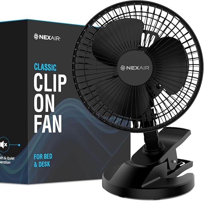 NEXAIR 6-Inch Portable Desk or Clip-on Fan with Two Quiet Speeds - Small Personal Cooling Fan for Desk, Home, Bedroom and Office, 180° Adjustable Tilt up- down 360° Rotation, Strong wide Clamp Grip
